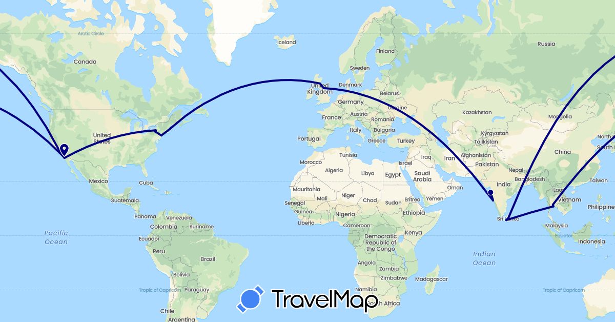 TravelMap itinerary: driving in United Kingdom, India, Sri Lanka, Thailand, United States (Asia, Europe, North America)
